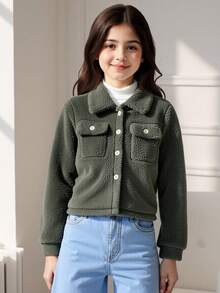 Solid Color Long Sleeve Collar Faux Fur Jacket For Tween Girl Fall Winter - Army Green - View 10