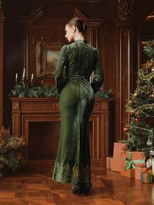 Anewsta High Quality Vintage Fashion Standard Size Women's Dress, Velvet & Lace Patchwork Dress, High Waist Slimming Christmas Party Gown, Luxurious Elegant Long Dress - Army Green - View 3