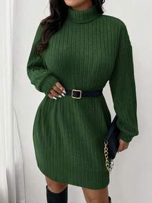 SHEIN Frenchy Casual Turtleneck Ribbed Knit Fleece Dress, Plus Size, Suitable For Leisure And Home Wear, Autumn/Winter - Dark Green - View 5