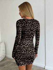 Aloruh Đầm ôm sát tay dài cổ tròn màu trơn in họa tiết nhún bèo cho nữ, mùa thu/đông - Nhiều màu - Xem 2