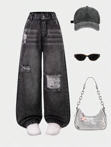 Jeans à jambes larges déchirés style Y2K pour préadolescentes, tissu doux et confortable, convient pour le port quotidien, l'école et les déplacements, disponible en couleur jean noir, printemps/été/automne/hiver