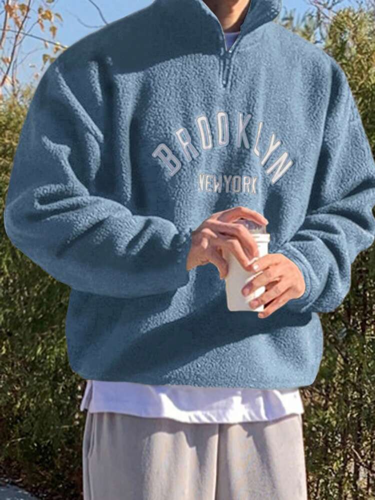 Men's Letter Embroidered Half-Zip Pullover Sweatshirt, Autumn/Winter