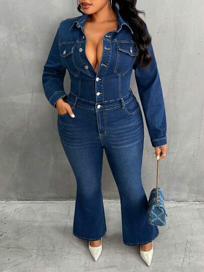 Slaydiva Plusstorlek Damjumpsuit med långärmad stretch och figurnära passform