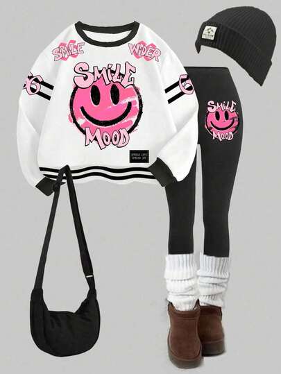 Slaydiva 女士秋冬休闲街头风格圆领运动衫和紧身裤套装/返校/Y2K/服装/街头风格/粉色脸部图案