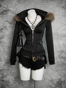 StreetHx 女士黑色保暖内衬束腰毛领夹克，Y2K 叛逆风，朋克摇滚风，修身舒适，适合万圣节，2000 年代街头服饰，长袖连帽修身款