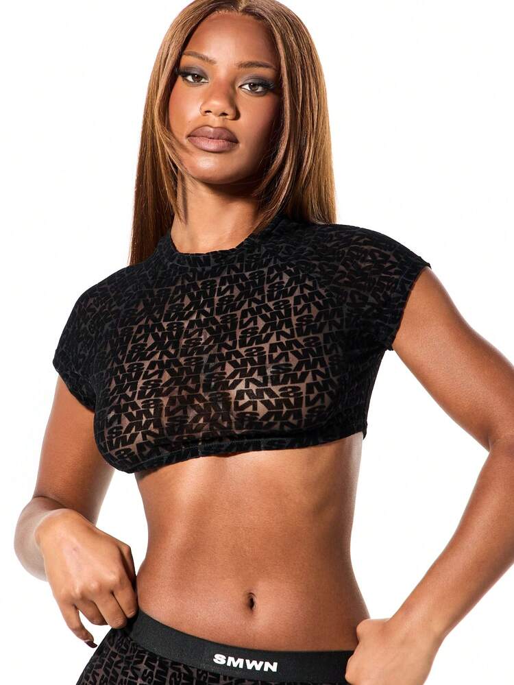 SUMWON WOMEN Mock Neck Mesh Crop Top With Cutout Pattern