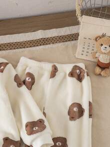 秋季小男孩休闲熊印花圆领运动衫和慢跑裤套装 - 杏色 - 查看 3