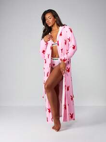 Missguided x Playboy Christmas Christmas Bunny Print Long Robe With Belt - Multicolor - View 5
