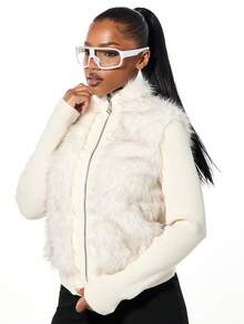 SUMWON WOMEN Faux Fur Sleeve Bomber Jacket Winter Coat Knit Sleeve Zip Up Outerwear - White - View 1