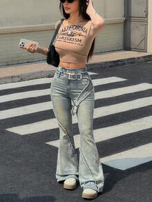 Rivivi Jeans évasés décontractés à taille haute avec boucle à œillet pour femmes - Bleu azur - Voir 6