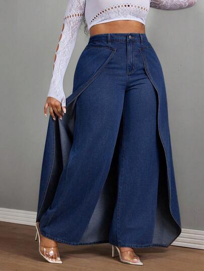 Slaydiva Spring Plus Size Women Cowgirl - Blue Non-Stretch Denim Patchwork Straight Leg Pants