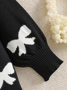 Elladie kids Chaquetas de niña Versátiles Nuevas chaquetas de punto de manga larga con patrón de lazo jacquard para niñas en otoño/invierno, decoración de lazo 3D, suéter de punto suelto y suave, adecuado para uso diario y ocasiones festivas - Negro - Ver 5