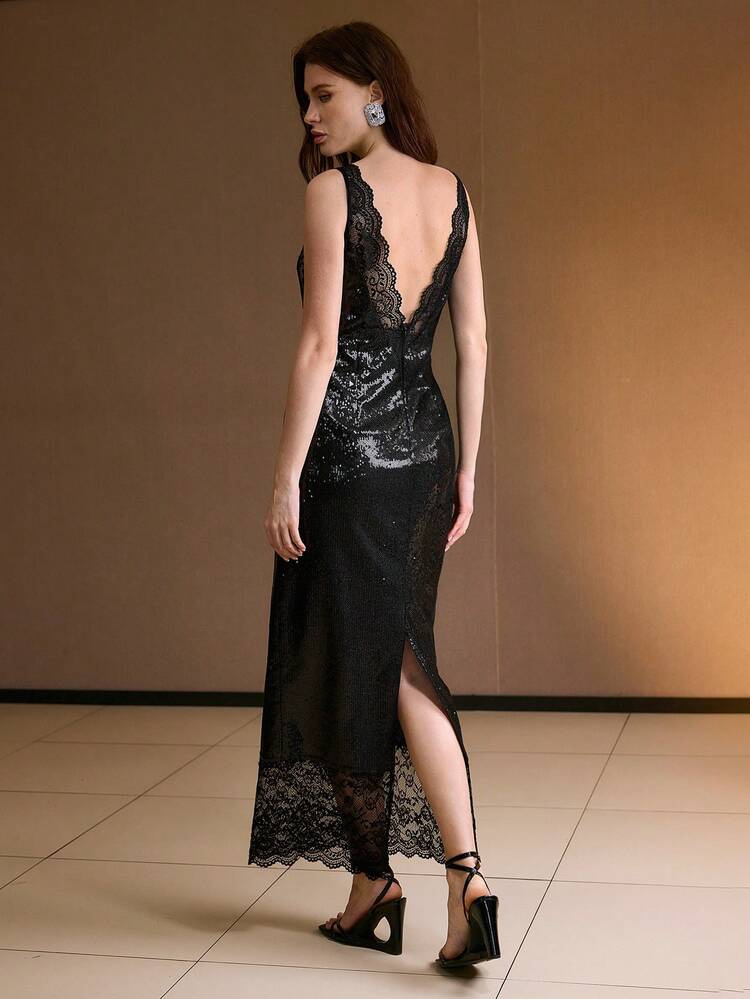 LACE & SEQUIN DEEP V-NECK DRESS, AUTUMN/WINTER