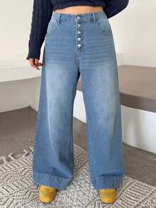 Dazy Plus Calça jeans feminina longa, azul, plus size, com 5 botões, solta, perna reta, lavada, adequada para todas as estações - Lavagem leve - Ver 7