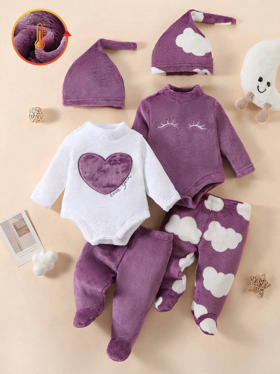SHEIN 6 件新生儿简约时尚爱心表情毛绒长袖连体衣（含裤子和帽子）套装，家居服 - 彩色 - 查看 1