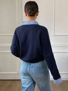 DAZY Cárdigan casual de mujer de manga larga con parches a cuadros y bordado de letras 2 en 1 - Azul Marino - Ver 2