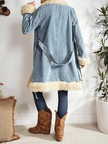 EMERY ROSE Women's Fashionable Fuzzy Patchwork Denim Jacket, Autumn/Winter - Blue - View 9