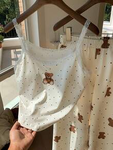 Comfortcana 2件套女士熊印花吊带背心上衣和裤子套装 - 杏色 - 查看 3