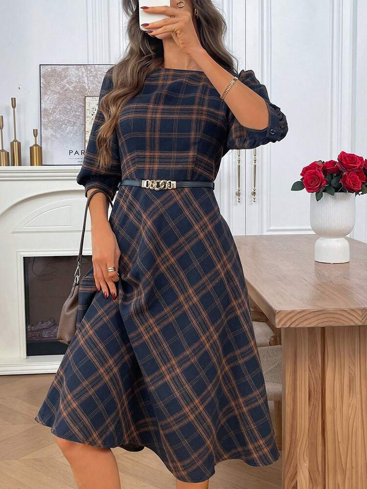 Women's Plaid Minimalist Casual Short Sleeve Midi Dress Elegant Dresses For Women  Elegant Dresses For Party  Women Dresses Autumn Winter  One-Piece Dress Ladies Autumn Winter Cozy Fall And Winter Clothes For Women