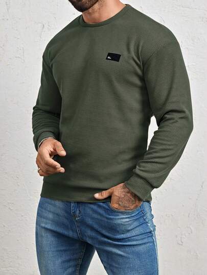 Manfinity Homme Men Loose Fit Letter Patched Detail Crew Neck Sweatshirt, Fall, Long Sleeve Top