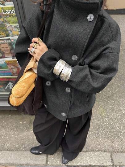 Siren Gaze 女式纯色简约高领长袖大衣，深灰色