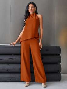 Aveloria Modichic Women's Solid Color Backless Halter Top And Wide Leg Pants Two Pieces Set Elegant Business Casual Women  - Champagne - View 4