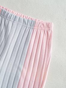 SHEIN Explorewe 青少年女孩撞色长袖连帽休闲条纹宽松罗纹两件套 - 粉色 - 查看 3