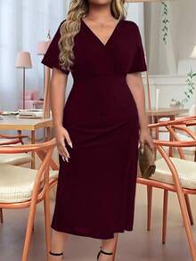 EMERY ROSE Đầm midi xếp ly tay ngắn cổ chữ V thanh lịch cỡ lớn cho nữ - Màu Đỏ Sâu - Xem 4