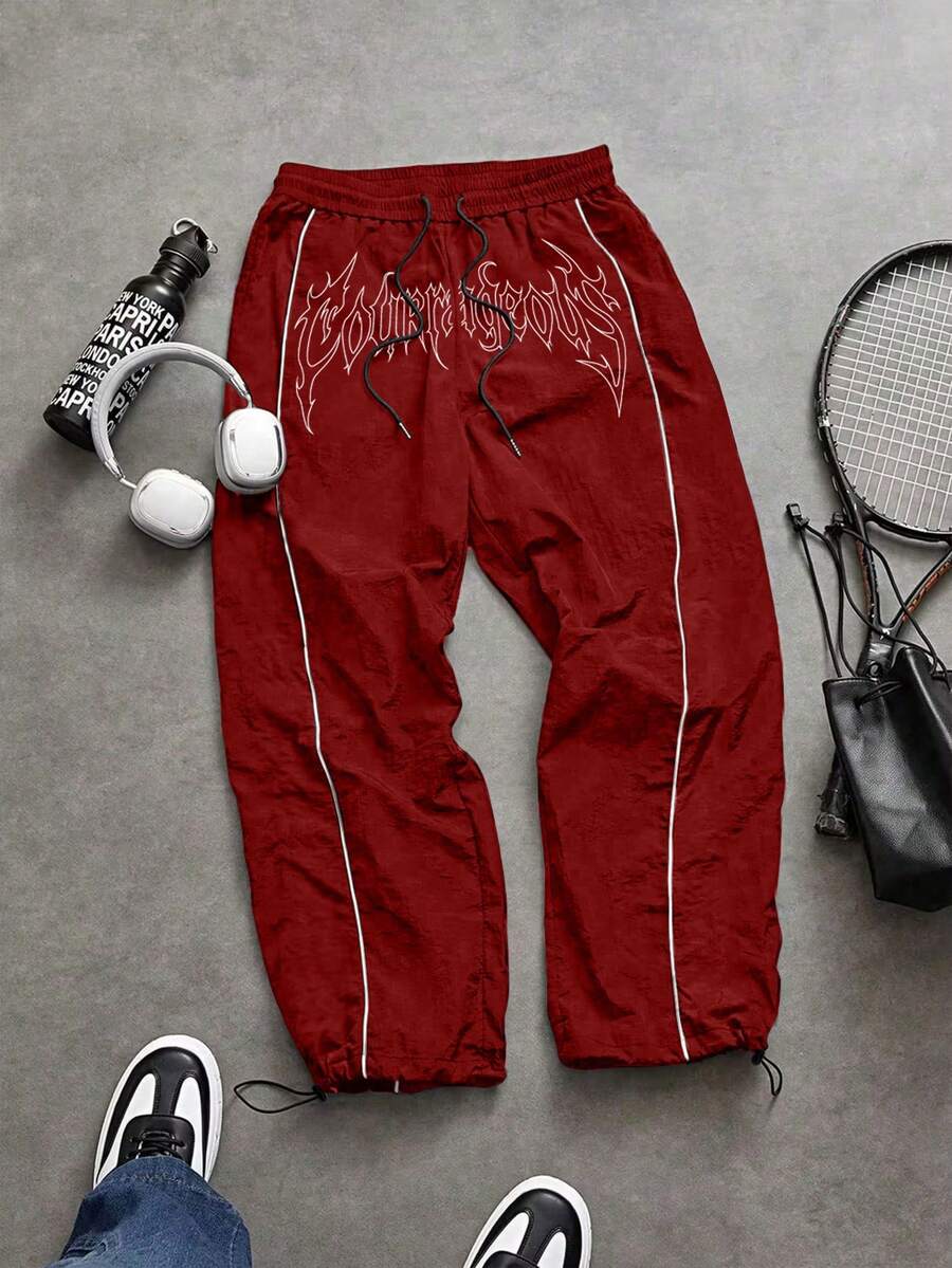 Sport MetroGents Celana Olahraga Pria Kasual Sehari-hari Motif Huruf dengan Tali Serut di Pinggang, Celana Sweat, Celana Gym - Merah - View 1