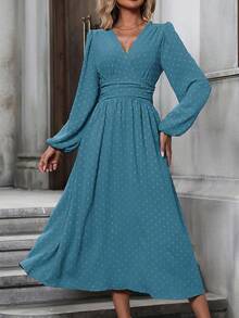 SHEIN Clasi 瑞士圆点斜领灯笼袖褶饰腰部连衣裙长款女装 - 水鴨藍 - 查看 4