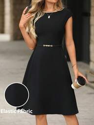 Editum Vestido mini de mujer de manga corta con cuello redondo, de línea A y cintura ceñida, de punto sólido negro, versátil y cómodo, para la primavera/verano, para el trabajo