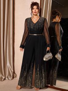Cravure Plus Size Women's Luxurious, Elegant Mesh Patchwork Jumpsuit - Black - View 7