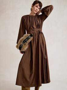 Aalyst Women's Elegant French Style Luxury Chic Christmas Party Casual Vacation Workwear Vintage Loose Waist Ruched Hem Long Sleeve Dress With Pockets