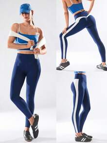 GLOWMODE 26" Powersculpt™  Shine Stretchy Breathable High Compression Quick-Dry Color Block Leggings Training Running Outdoors Daily Active Wear Spring Summer - Dark Blue - View 7