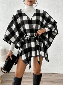 Rafferiza Fashionable Casual Versatile Plaid Thin Cover Up For Women, Autumn/Winter - Black and White - View 6