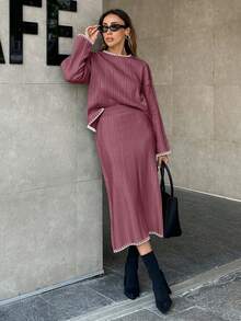 EURMUSE Women Solid Color Rib Knit Handmade Stitch Detailed Sweater & Sweater Skirt Set - Dusty Pink - View 7