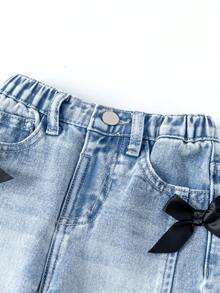 SHEIN Baby Girl Casual Distressed Bow Decor Washed Denim Jeans - Blue - View 7