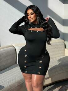 NU&NOW Plus Size Women's Solid Color Knit Elastic Fabric Round Neck Metal Button Decor Hollow Sexy Mini Dress, Sexy Bombshell Style, Party Dress, Date Dress, Clubwear, Bad Girl Style, Hip Hop Style