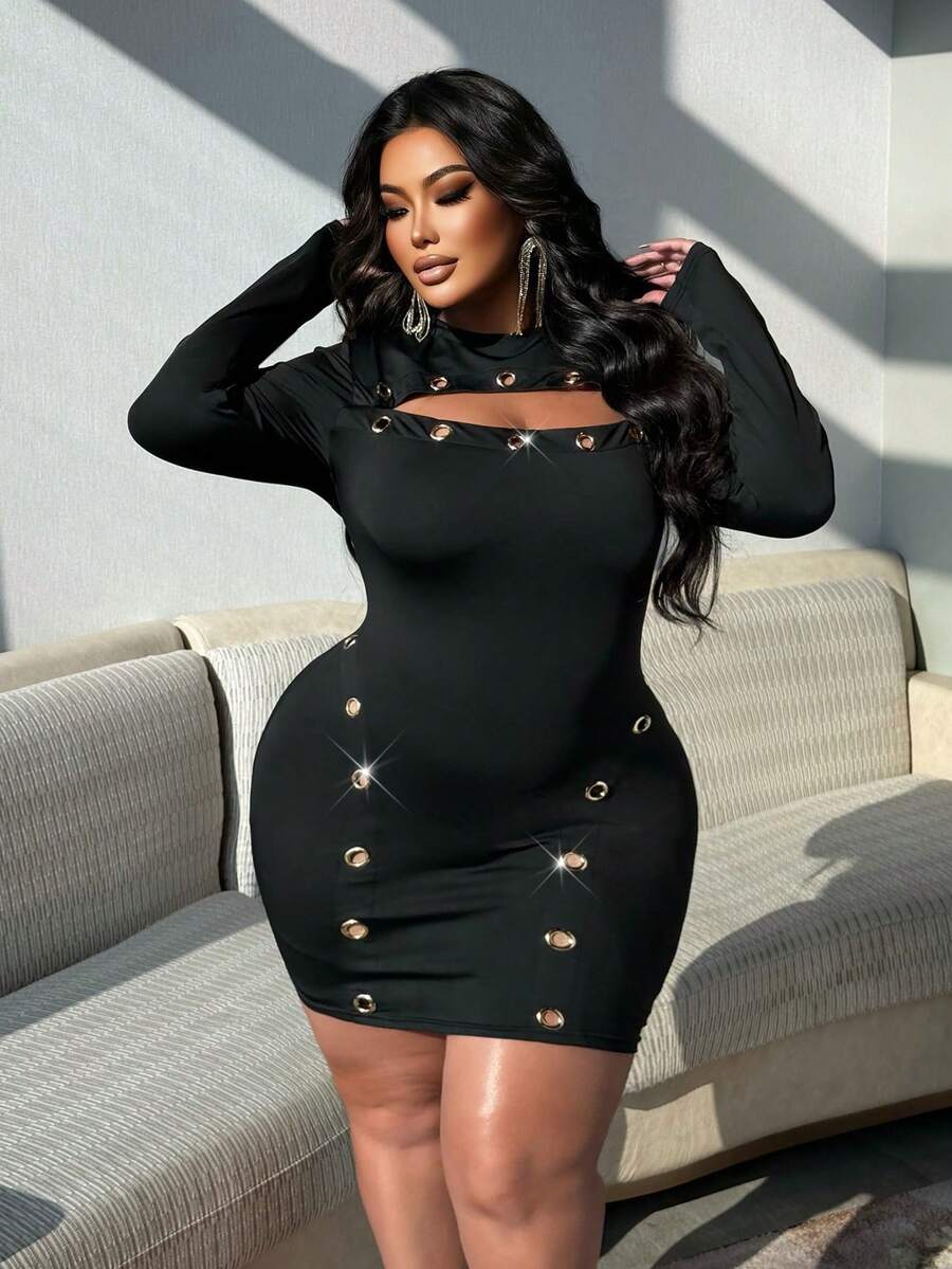 NU&NOW Plus Size Women's Solid Color Knit Elastic Fabric Round Neck Metal Button Decor Hollow Sexy Mini Dress, Sexy Bombshell Style, Party Dress, Date Dress, Clubwear, Bad Girl Style, Hip Hop Style