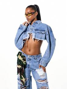 SUMWON WOMEN Chaqueta vaquera oversize desgastada con diseño recortado y extremadamente rasgado para el estilo callejero de las mujeres en otoño e invierno - Azul - Ver 4