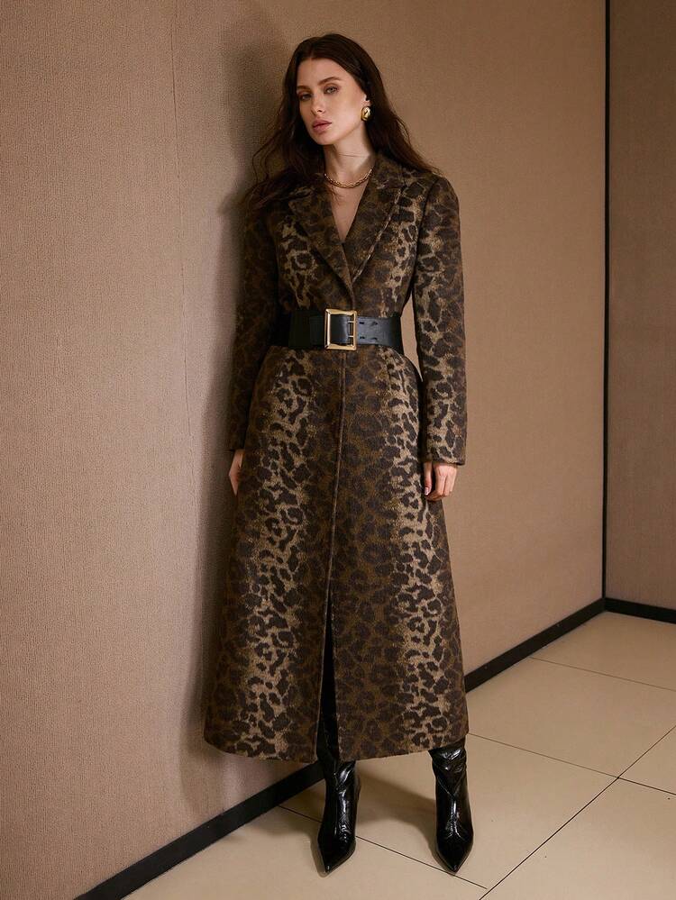 LEOPARD PRINT CINCHED WAIST LONG OVERCOAT, AUTUMN/WINTER