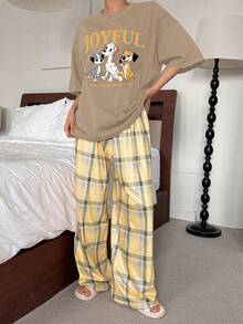 DAZY Women's Casual Puppy Letter Print T-Shirt Top & Plaid Loose Pants Pajama Set - Khaki - View 3