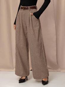 SHEIN PETITE 复古优雅女式修身格子直筒口袋裤，卡其色文艺复兴博览会旧钱商务休闲女装商务休闲女装工作服女装旧钱风格女装商务休闲女装教堂服装女装 - 棕色 - 查看 5