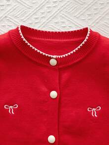 Elladie kids 4-7 Years Old Girls Red Knitted Cardigan, Featuring Elegant Black Bow Embroidery, Contrast Trim Design, Cute And Stylish For Holiday Celebrations Or Everyday Wear Fall Winter - Red - View 3