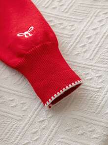 Elladie kids 4-7 Years Old Girls Red Knitted Cardigan, Featuring Elegant Black Bow Embroidery, Contrast Trim Design, Cute And Stylish For Holiday Celebrations Or Everyday Wear Fall Winter - Red - View 6