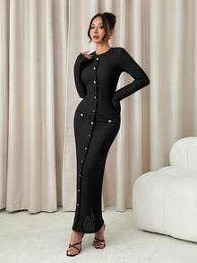 SHEIN PETITE Black Textured Fabric Button Decor Back Slit Long Sleeve Elegant Long Dress For Women,For Summer Vacation,Women Summer Clothing ,Petite Women - Black - View 3