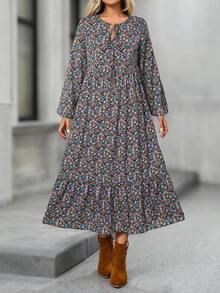 EMERY ROSE Women's Ditsy Floral Drawstring Lantern Sleeve Loose Casual Dress