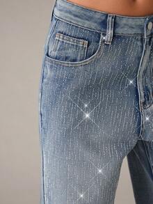 SHEIN BAE 女式休闲水洗水钻直筒牛仔裤 - 淺色水洗藍 - 查看 3