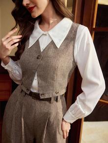 Vintamour 大码复古优雅女士两件套西装，带口袋和腰带，复古优雅背心外套上衣和裤子，休闲工作装，节日服装，女士冬季服装，女士冬季服装，圣诞节服装，女士圣诞节套装，圣诞节女士服装，新年服装，新年套装，新年女士服装，女士感恩节套装，优雅女士套装 - 棕色 - 查看 2