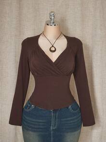 SHEIN ICON 女式加大码秋冬植物系列甜心领褶饰棕色长袖 T 恤 - 棕色 - 查看 3